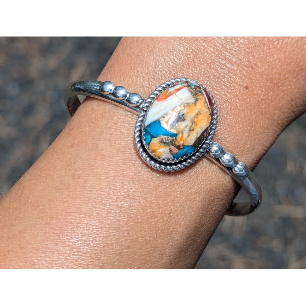 Navajo Handmade Cuff Bracelet Mohave Slab Turquoise Signed w Silver Band 6.5 **
